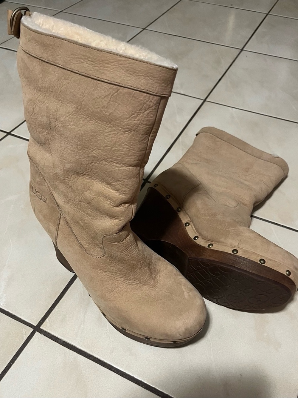 UGG Tan Suede Shearling-Lined Clog Boots with Studded Wooden Platform